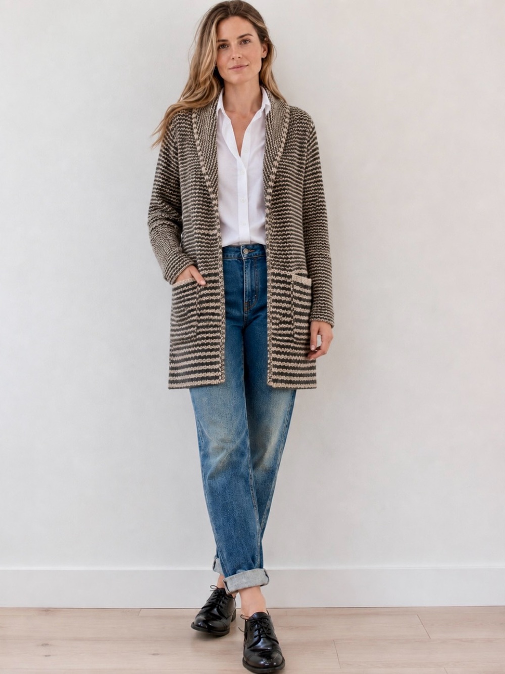 Moda International Charcoal & Taupe Shawl Collar Cardigan Sweater | Size S